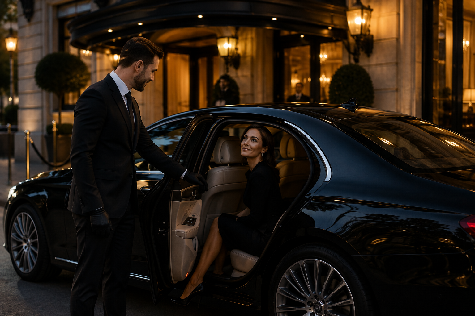 Chauffeur Moon ouvrant la portière à une passagère